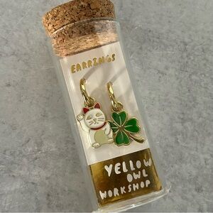 Yellow Owl Workshop Lucky Cat & Clover 18K Gold Gilt Hoop Earrings NIP